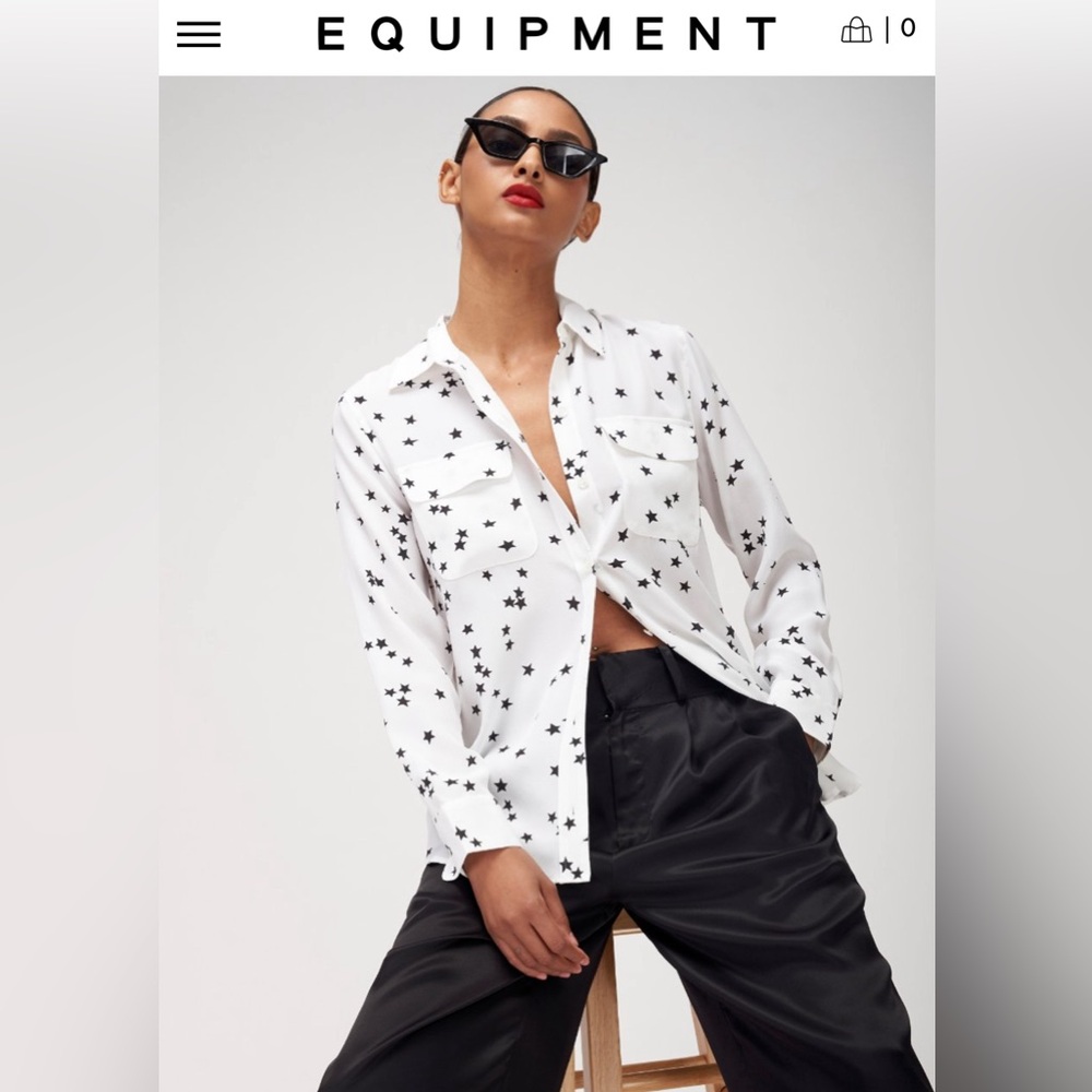 Equipment White Black Star Signature Silk Shirt, Size Large ($295 MSRP)